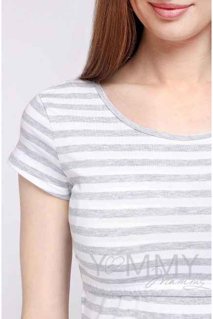 Футболка для беременных и кормящих, белая в серую полоску меланж