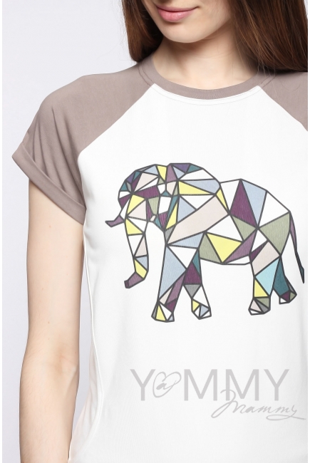 Футболка для беременных и кормящих, экрю/темно-бежевая с принтом