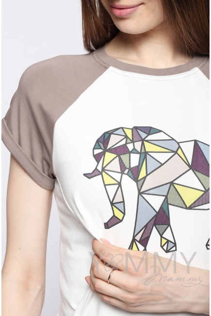 Футболка для беременных и кормящих, экрю/темно-бежевая с принтом