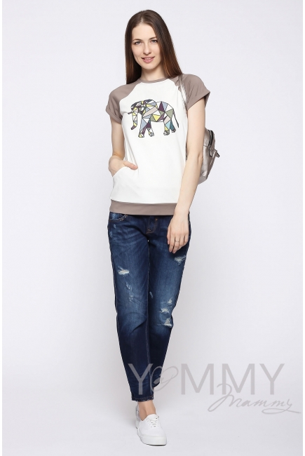 Футболка для беременных и кормящих, экрю/темно-бежевая с принтом