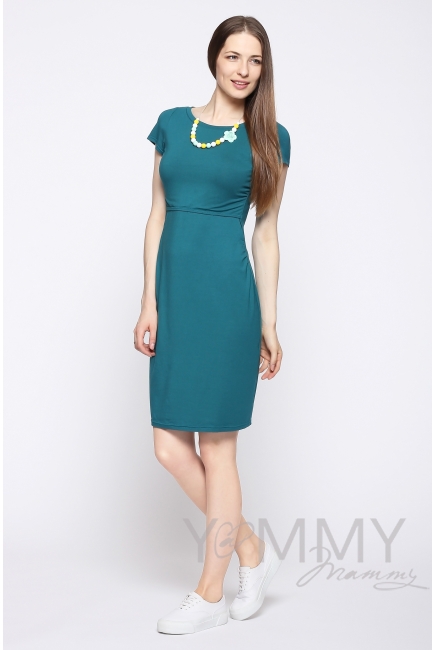 Платье для беременных и кормящих из модала с коротким рукавом, изумрудное