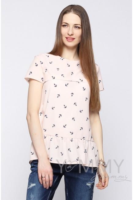 Блуза для беременных и кормящих с воланом, персиковая с принтом "якоря"