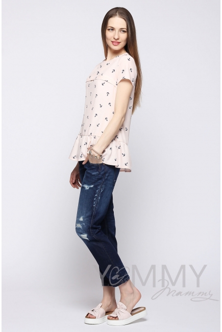 Блуза для беременных и кормящих с воланом, персиковая с принтом "якоря"