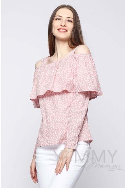 Блуза для беременных и кормящих с воланом, розовая с цветочным принтом