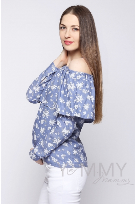 Блуза для беременных и кормящих с воланом, голубая с цветочным принтом