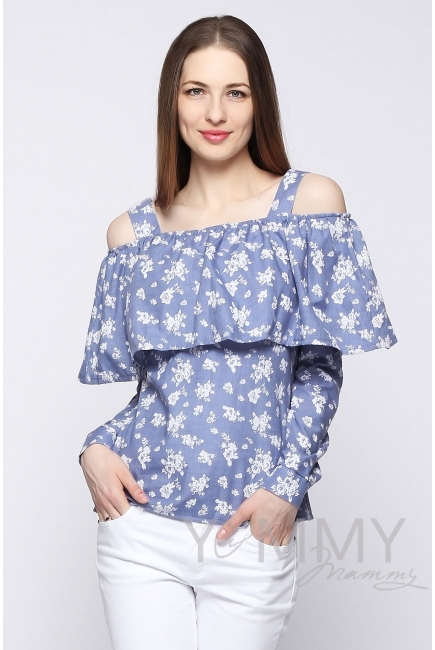 Блуза для беременных и кормящих с воланом, голубая с цветочным принтом