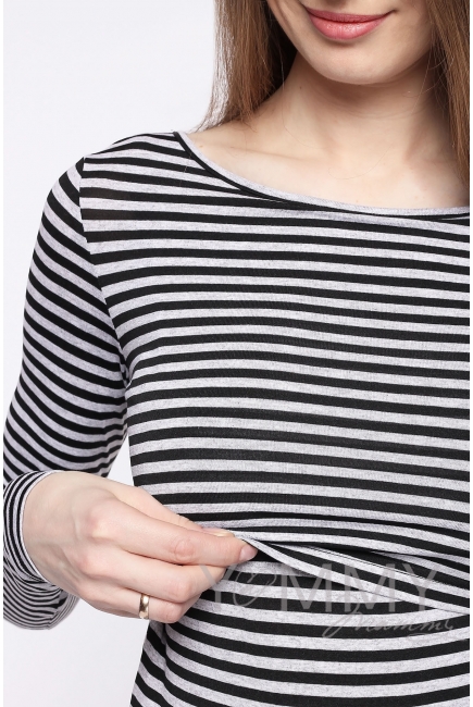 Лонгслив для кормящих и беременных, черный в серую полоску