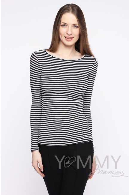 Лонгслив для кормящих и беременных, черный в серую полоску