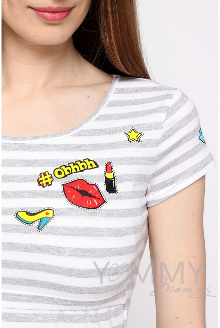 Футболка с принтом для кормящих и беременных, в серую полоску меланж