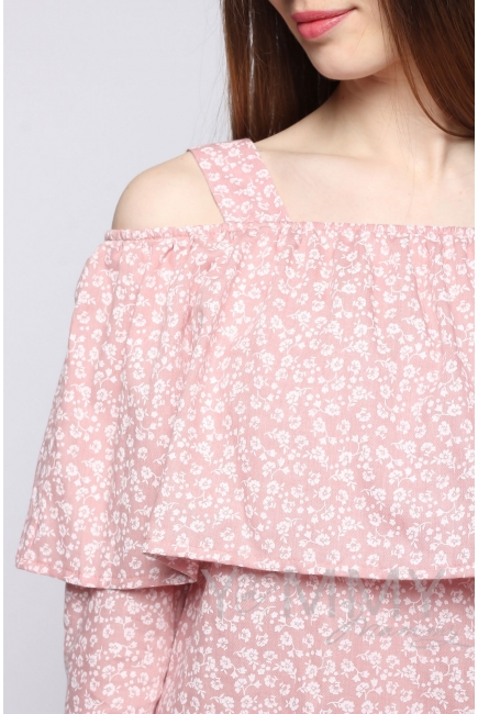 Блуза для беременных и кормящих с воланом, розовая с цветочным принтом