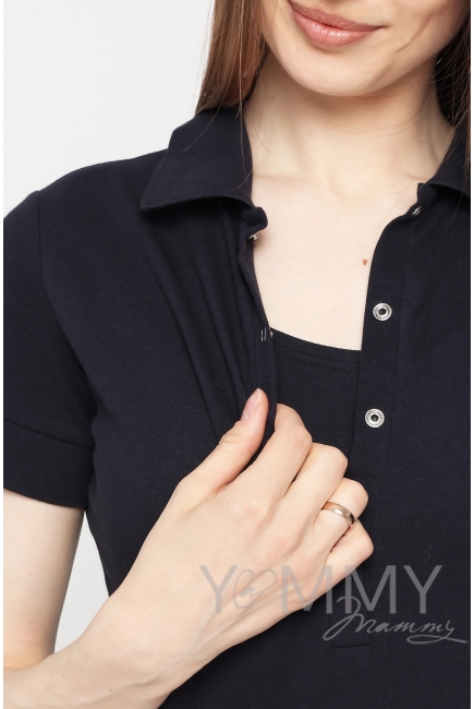 Платье поло для кормящих и беременных с воланом, темно-синее