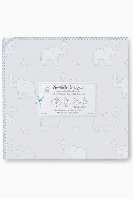 Фланелевая пеленка для новорожденного SwaddleDesigns Слоники с птичками голубая